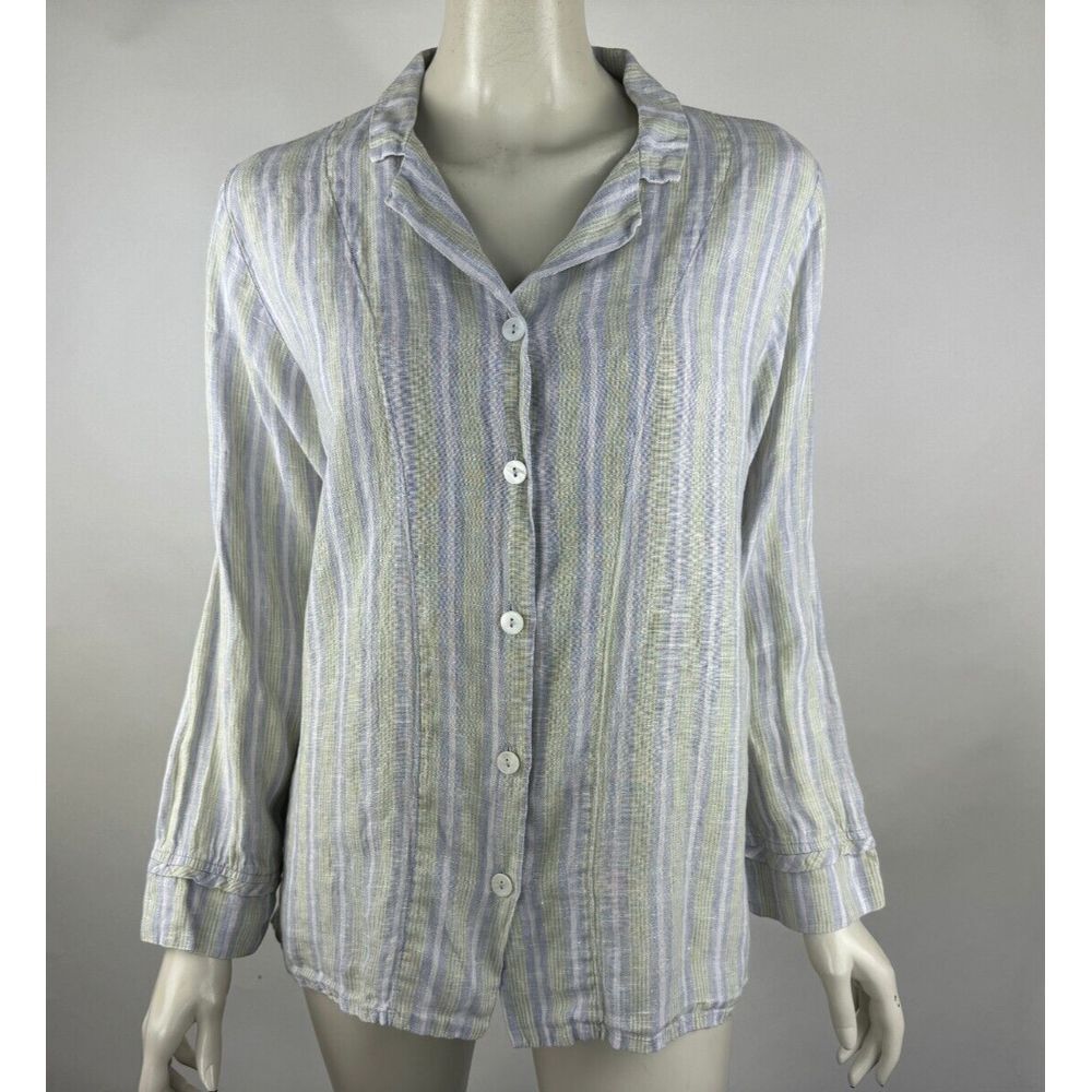 Flax Linen Striped Shirt Women S Long Sleeve Collared Button-up Blouse Top Lilac